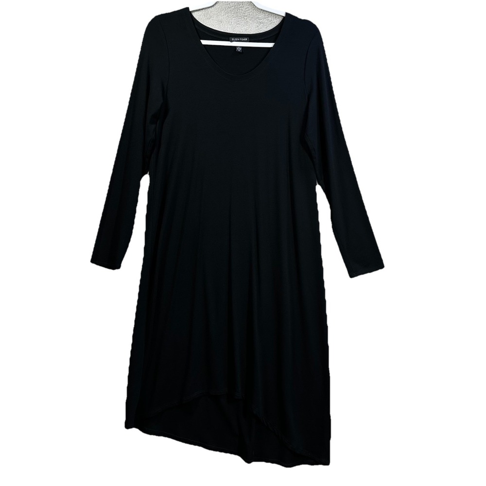 Eileen Fisher Black Jersey Knit Midi Dress Sz S Stretch Minimalist High Low Hem - Picture 1 of 7